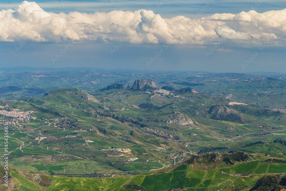 Green Hill Landscape in Central Sicily near Cammarata Mountain in Spring