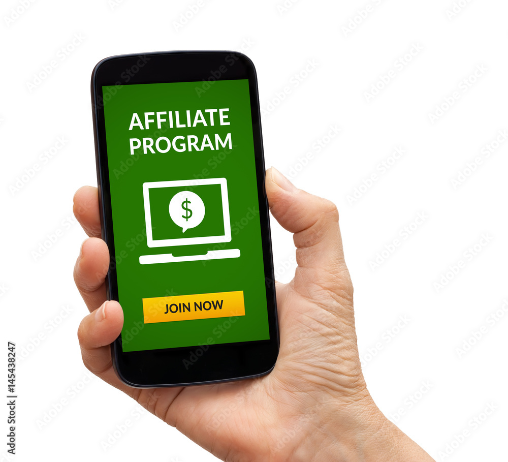 Hand holding a black smart phone with affiliate program concept on screen. Isolated on white background. All screen content is designed by me. Hand holding a black smart phone with affiliate program concept on screen. Isolated on white background. All screen content is designed by me.