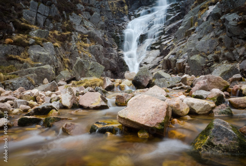 Waterfall motion blur with large rocks in foreground - Loch Muick, Scotland