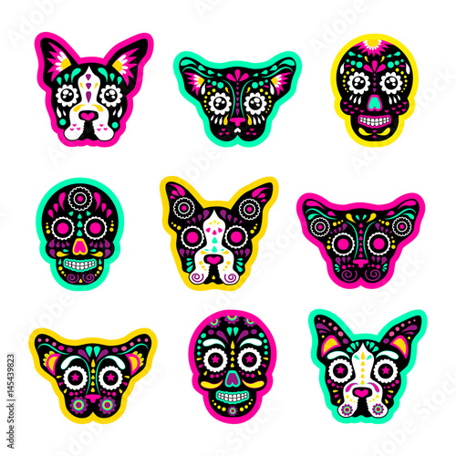 Fashion patch badges with dogs, bulldog, Skulls, calavera, and other. Very large set of girlish and boyish stickers, patches in cartoon isolated.Trendy print for backpacks, things, clothes