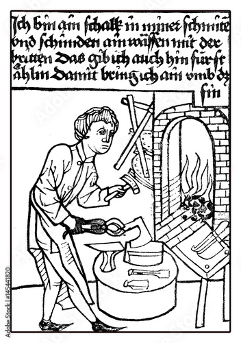 Slika na platnu XV century: a treacherous armorer working at forge,medieval image