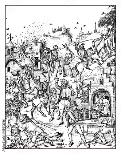 Fotografie XV century: aggression and plundering of a village, medieval engraving