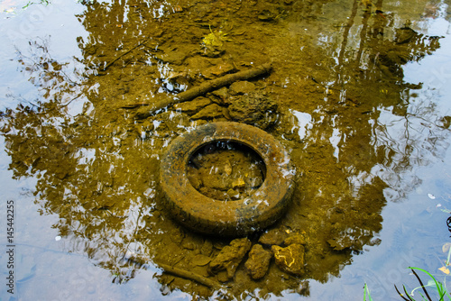 old tyre in the water, ecology concept