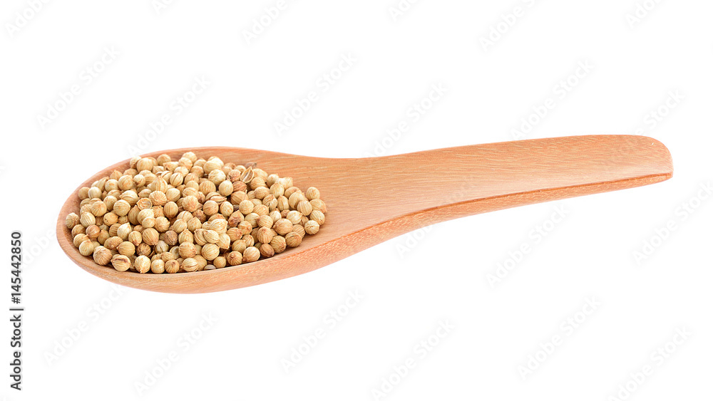 Coriander seeds in wood spoon on white background Coriander seeds in wood spoon on white background