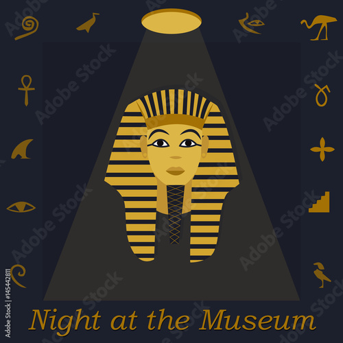 Illustration for the Night at Museum with Tutankhamen, hieroglyph and text