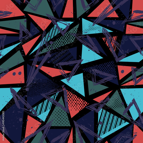 Abstract seamless pattern for girls, boys, clothes. Creative vector background with dots, geometric figures,stripes inscriptions.Funny wallpaper for textile and fabric. Fashion style. Colorful bright.