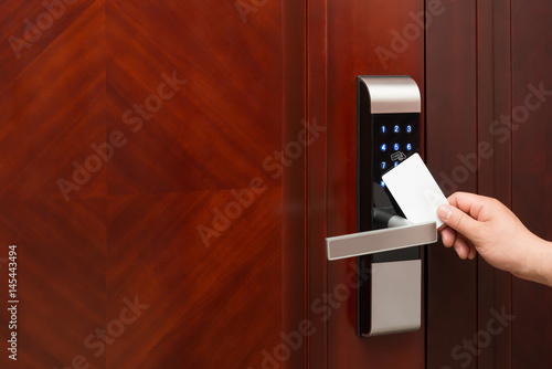 electronic door lock opening by an blank security card good for adding text and logo photo