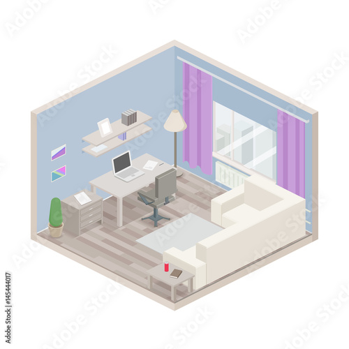Apartment icon isolated on white background. Working room with sofa, table, laptop. Isometric view. Vector flat illustration.