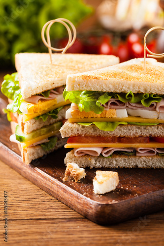 Delicious toast sandwich with ham, cheese, egg and vegetables.