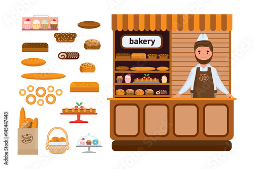 Bakery products and elite bread, sweets, seller in firm apron