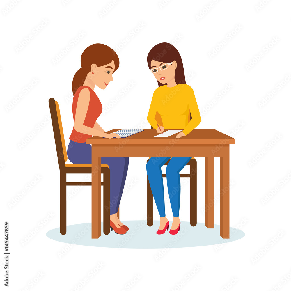 Girls sitting at table decide working moments, discuss, exchange materials. Girls sitting at table decide working moments, discuss, exchange materials.