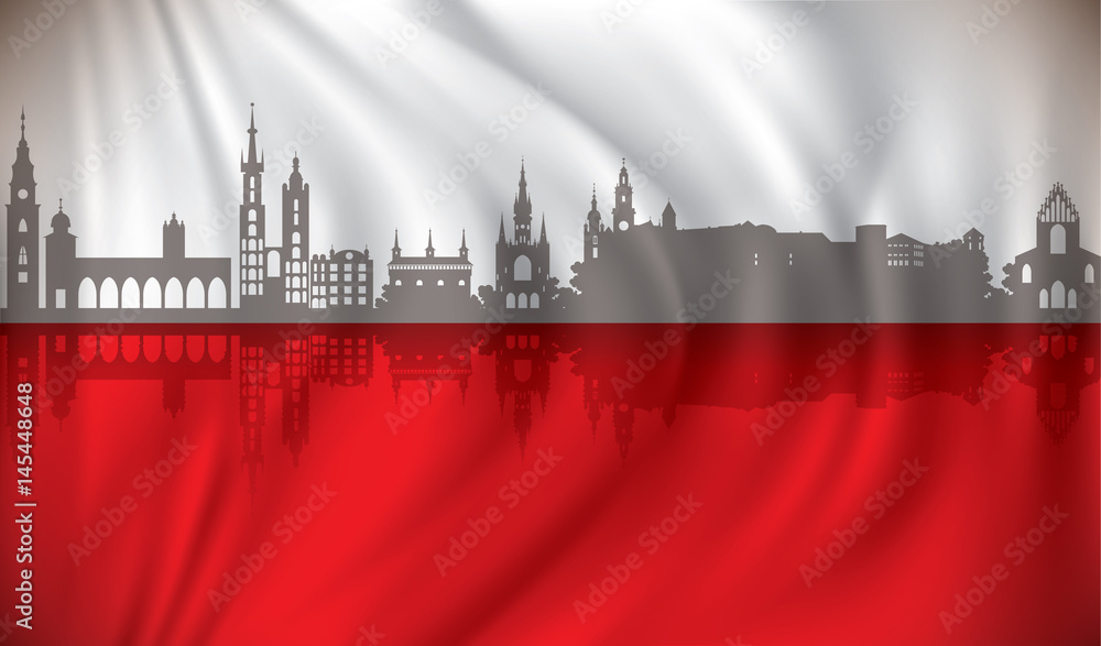 Obraz premium Flag of Poland with Krakow skyline