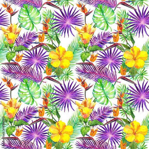 Tropical leaves  exotic flowers. Seamless jungle pattern. Watercolor