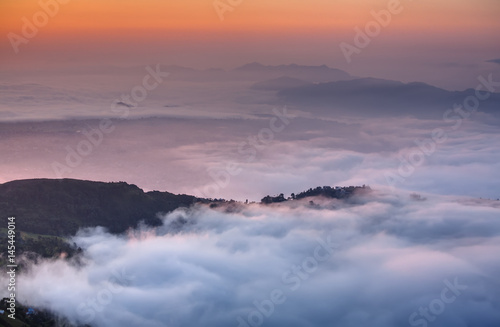 Morning clouds below Sarangkot view point near Pokhara in Nepal