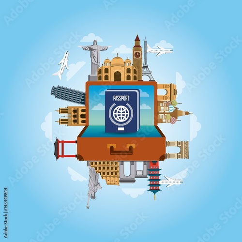 iconics monuments of the world around suitcase. travel and tourism design. vector illustraiton