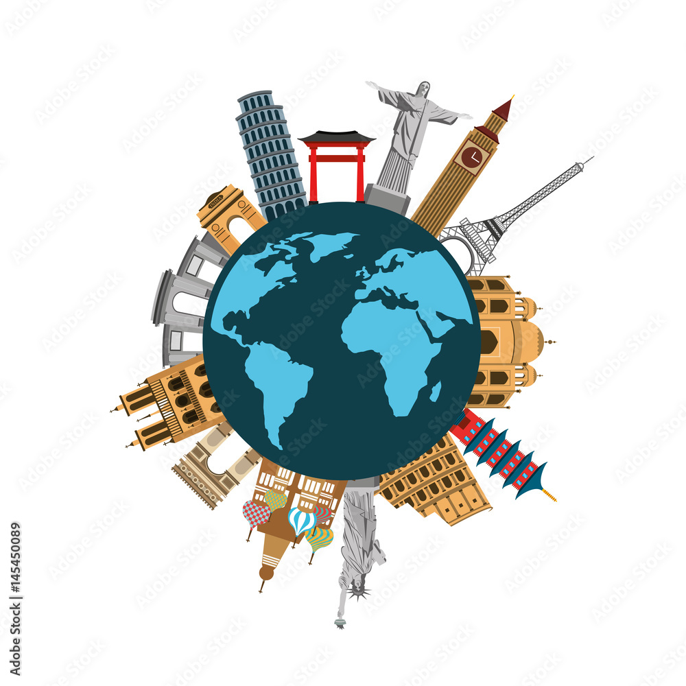 iconics monuments of the world around earth planet over sky background. travel and tourism design. vector illustraiton