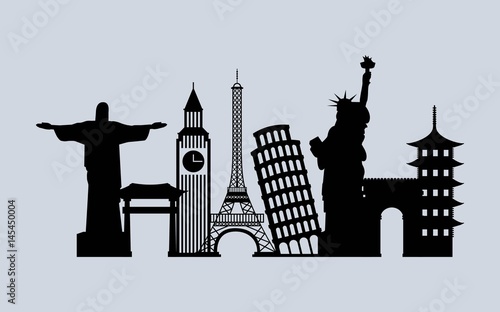 silhouette of iconics monuments of the world over white background. travel and tourism design. vector illustraiton