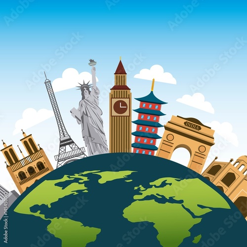 iconics monuments of the world around earth planet over sky background. travel and tourism design. vector illustraiton
