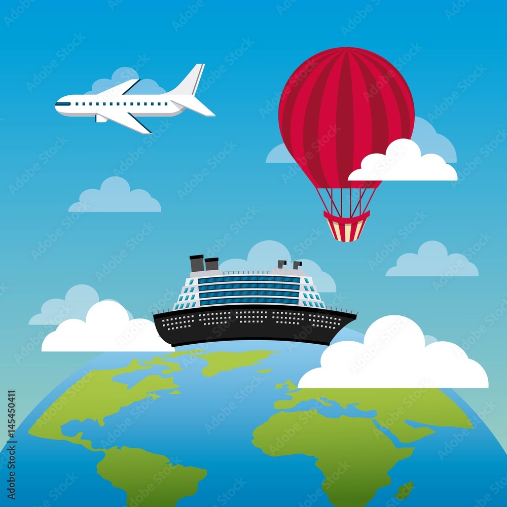 earth planet and big cruise with airplane and balloon flying. travel and tourism design. vector illustraiton