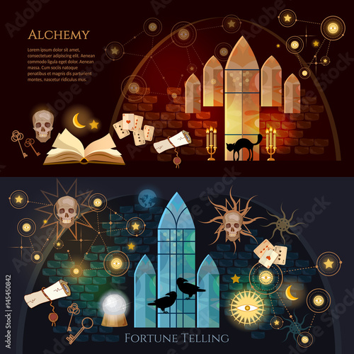 Medieval alchemy, mysticism, occultism, esotericism. Vintage key, magic objects and scrolls, alchemy concept. Medieval castle of wizard. Fortune telling banner