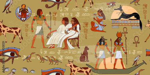 Egyptian gods and pharaohs seamless pattern. Ancient Egypt seamless pattern. Hieroglyphic carvings on the exterior walls of an ancient egyptian pattern. Murals ancient Egypt