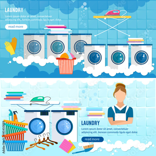 Laundry service banner, laundry room with facilities for washing clothes, laundry staff washing machine vector