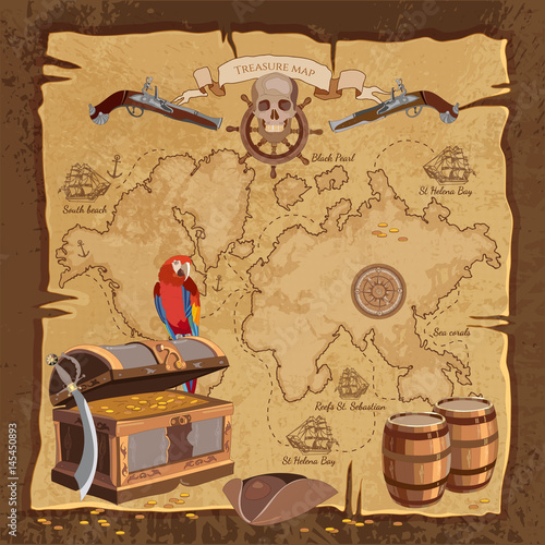 Old pirate treasure map. Treasure chest parrot skull rum saber pirate hat and ship. Adventure stories background vector
