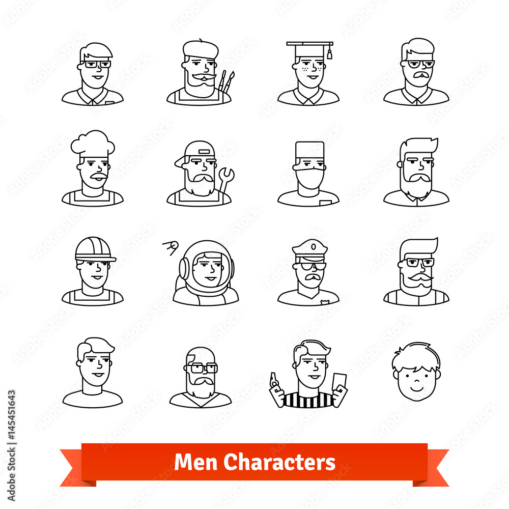 Men character avatars. Thin line art icons set Men character avatars. Thin line art icons set