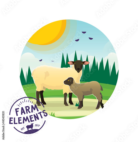 Vector farm cartoon sheep illustration. Farmer lamb icon on the background of sunny landscape