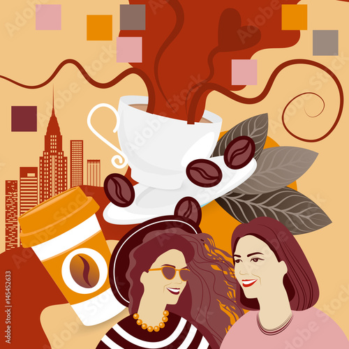 Two Girls Over Coffee Cup Background Break Breakfast Drink Vector Illustration