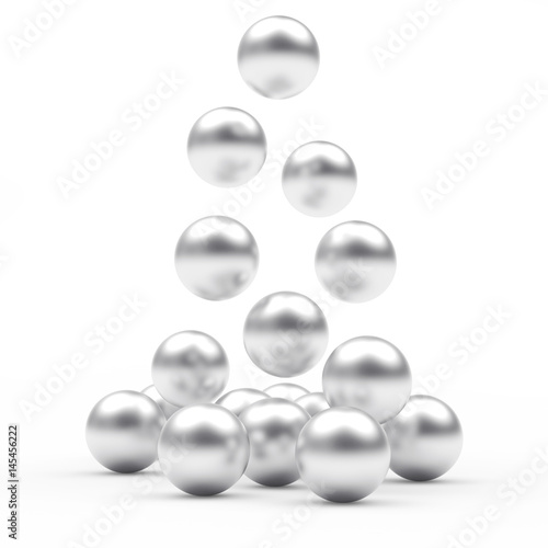 Pile of falling silver spheres isolated on white. 3D illustration 