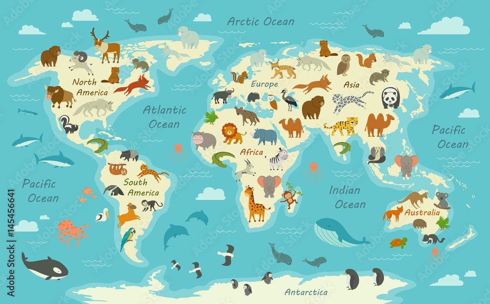 Fototapeta Ilustracja wektorowa mapy świata ze zwierzętami