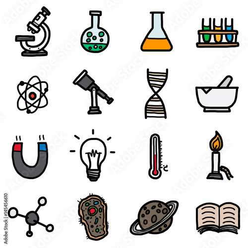 science objects, icons set / cartoon vector and illustration, hand drawn style, isolated on white background.