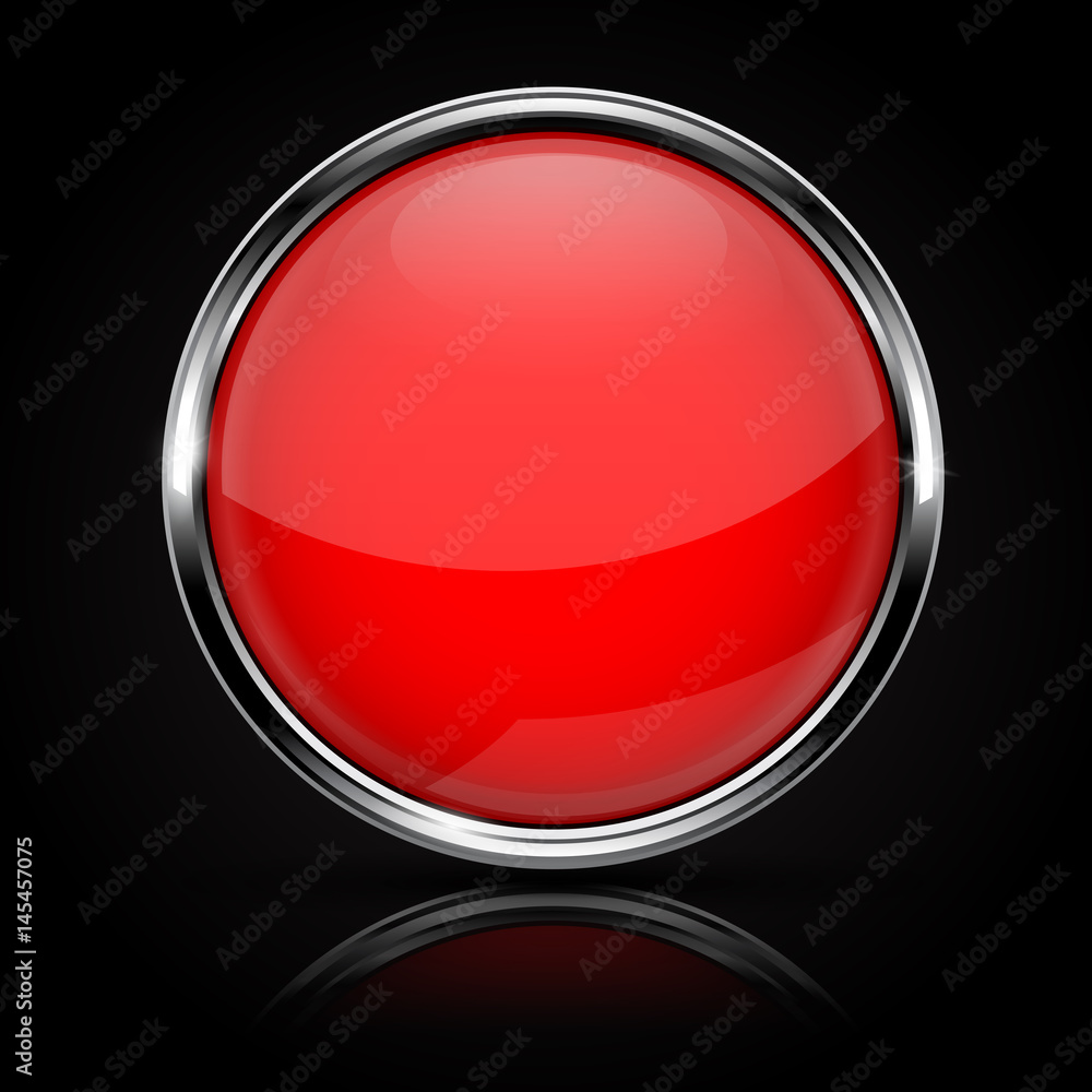 Red round glass button with chrome frame. On black background Red round glass button with chrome frame. On black background