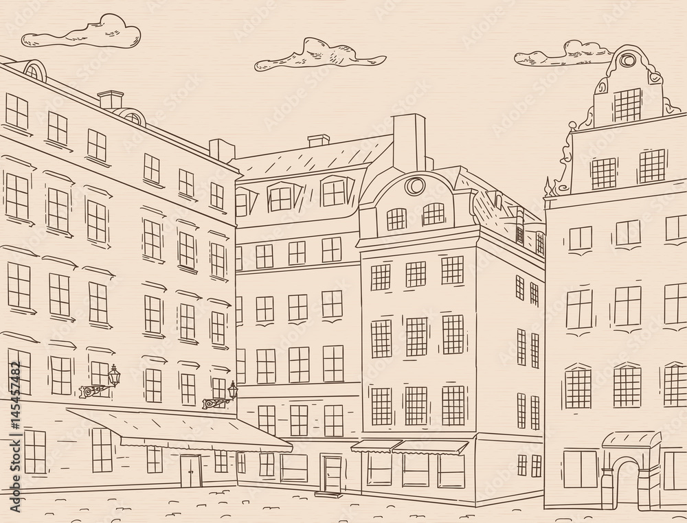 Stortorget square in old city of Stockholm. Hand drawn sketch. Outline drawing on beige background