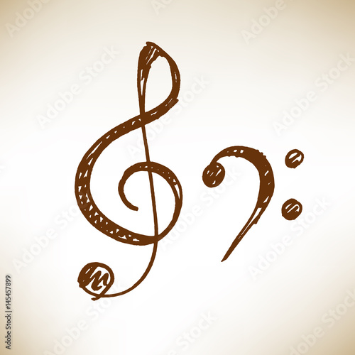 Hand drawn icons of treble clef and bass. Sketch, vector illustration.