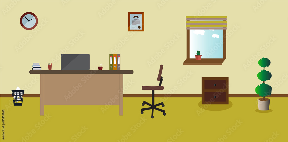 Working place in the office on the light green background. Vector illustration. Table, clock, shoes, chair, plant, cactus. Perfect for advertising, brand sites and magazines