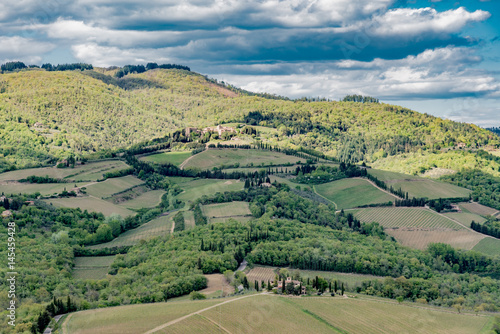 the Chianti countryside in Tuscany with vineyards and villas and farmhouses in the hills