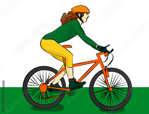 A girl with long hair dressed in a green sweater and yellow breeches riding a orange bike. Cyclist eps 10 illustration