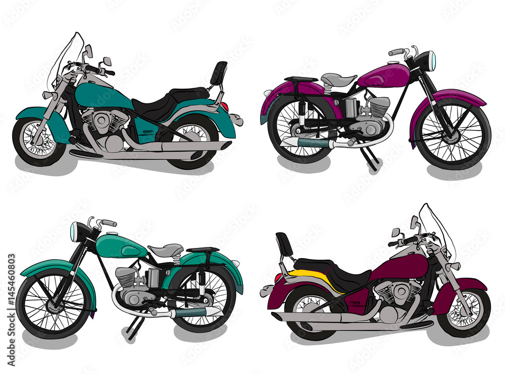 Obraz premium A set of motorcycles. Four different motorcycles of blue and purple shades are standing on a white background eps 10 illustration