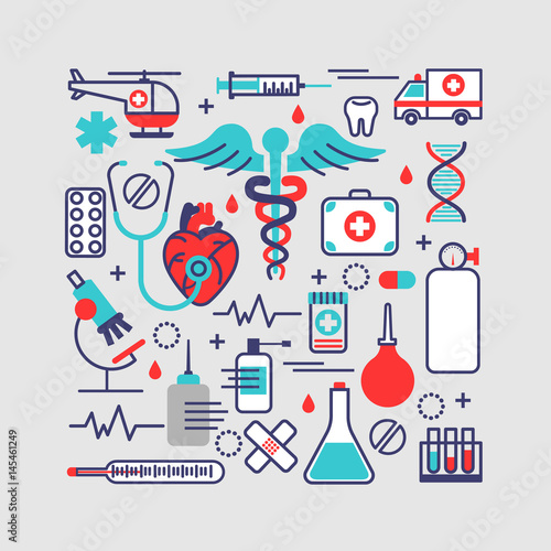Medical, health care concept in modern flat line design. Vector illustration with a lot of medicine objects. Can used for web banners and info graphics