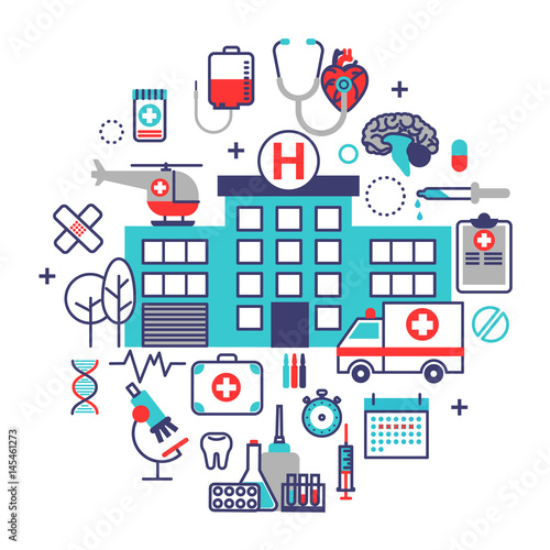 Health care concept in flat line design. Vector illustration with a lot of medical icons. Composition for web banners and info graphic