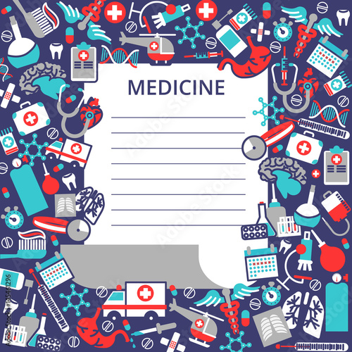 Vector illustration in modern flat line style, medicine concept. Health care  web banners, site, print design, business card. A lot of medical icons and  text frame.