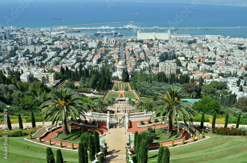  View of Haifa from Upper Terraces of Bahai Gardens, with downtown, the harbor, the industrial zone, and the Mediterranean Sea. Israel