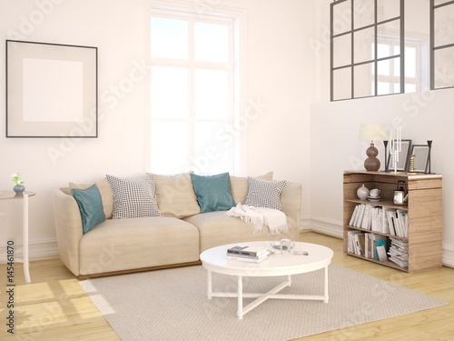 Mock up a bright living room in Scandinavian style with a compact sofa.