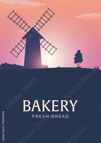 Poster Rural landscape with windmill. Sunrise. Bakery. Fresh bread. Vector illustration.