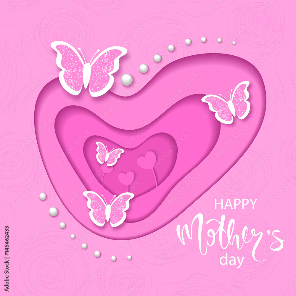 Happy mothers day banner with cut paper butterfly and beads. Vector illustration eps 10 format.