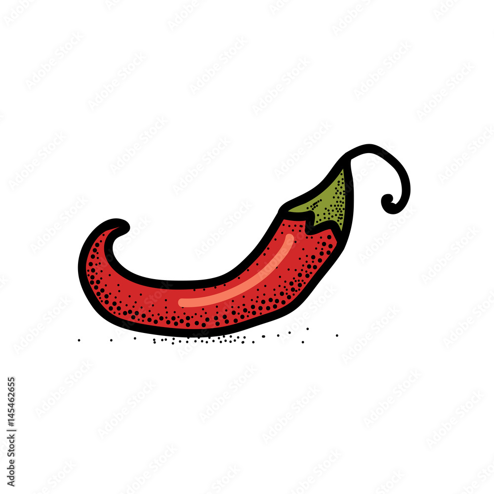 Chili Pepper hand drawn vector illustration. Vegetable artistic style object. Isolated hot spicy mexican pepper. Comic style icon. Chili Pepper hand drawn vector illustration. Vegetable artistic style object. Isolated hot spicy mexican pepper. Comic style icon.