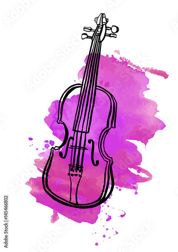 Pen and ink drawing of vintage violin with watercolor stain