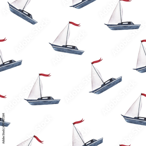 Seamless pattern with small boat on white background. Hand drawn watercolor illustration. © angry_red_cat
